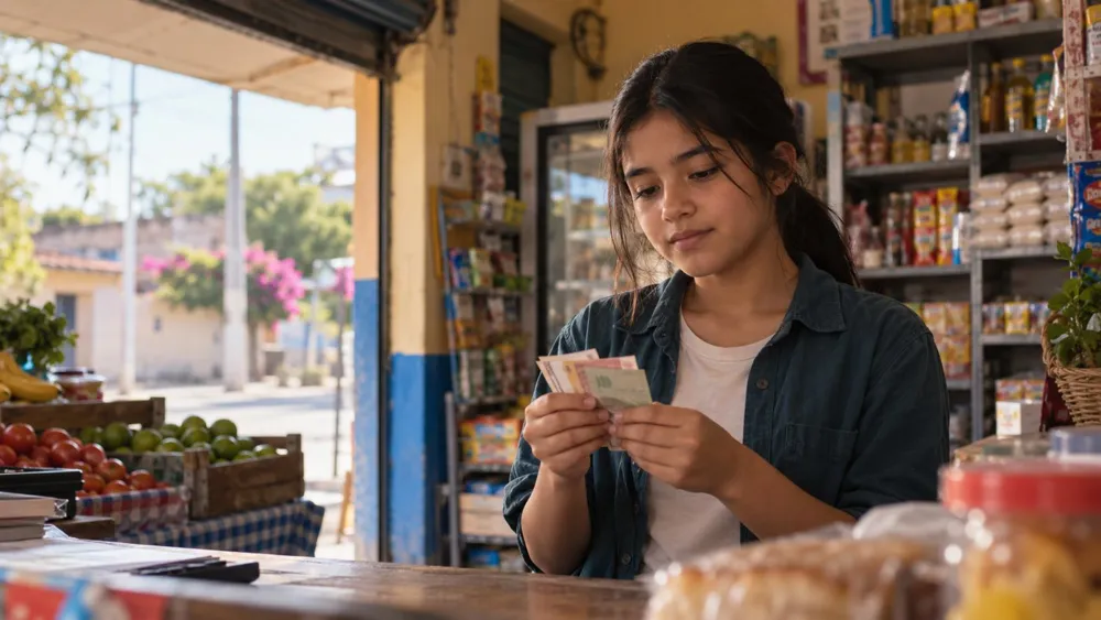 Una joven cuenta su dinero en la tienda de su familia